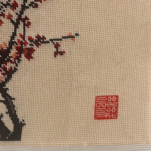 Vintage Asian Cherry Blossom Tree Needlepoint, Handmade, Wall Hanging 27”x 21” - Picture 3 of 4